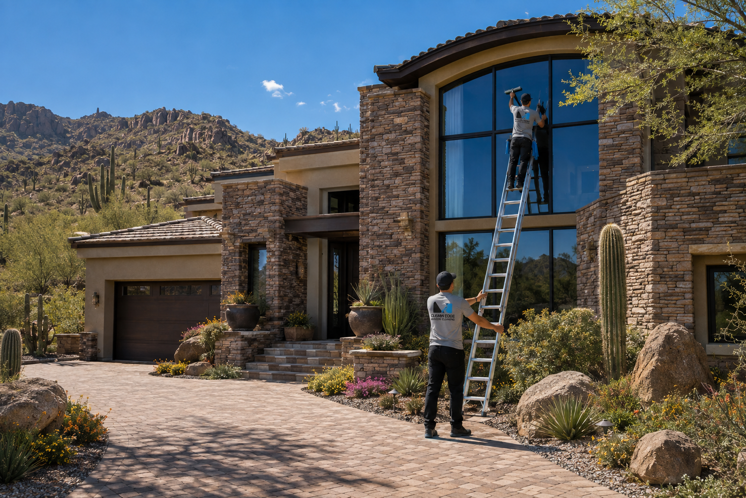 Window cleaners servicing a luxury desert home in Scottsdale, Arizona