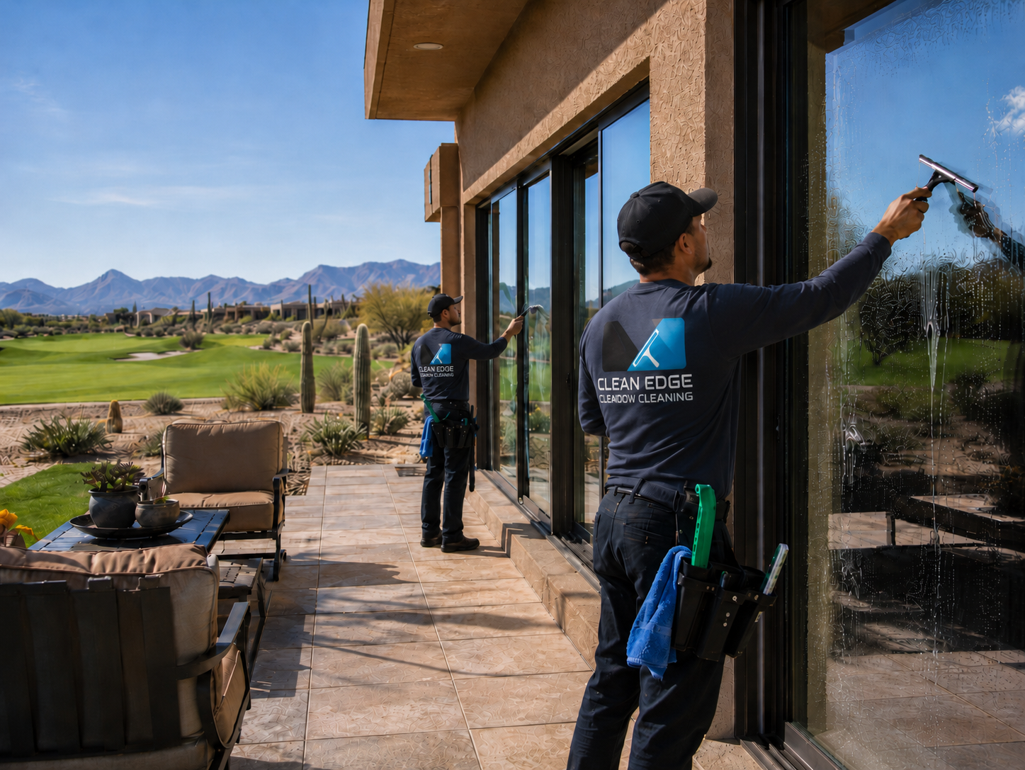 Window cleaners servicing a luxury home near a golf course in Rio Verde, Arizona